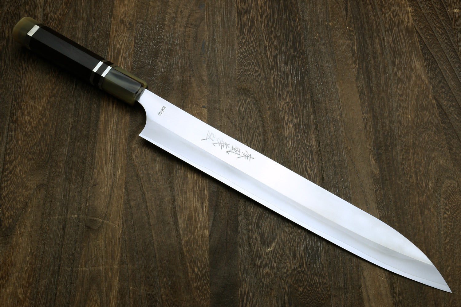 Yoshihiro High Speed Steel HAP40 Sujihiki Slicer with Triple Ring Ebony Handle (Blade Length 10.5" (270mm)) — Saya Cover Not Included
