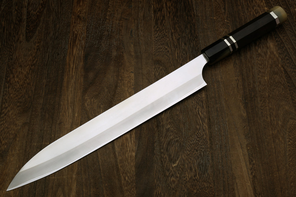 Yoshihiro High Speed Steel HAP40 Sujihiki Slicer with Triple Ring Ebony Handle (Blade Length 10.5" (270mm)) — Saya Cover Not Included