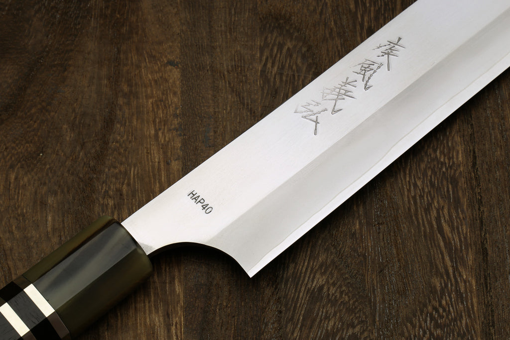Yoshihiro High Speed Steel HAP40 Sujihiki Slicer with Triple Ring Ebony Handle (Blade Length 10.5" (270mm)) — Saya Cover Not Included
