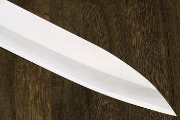 Sujihiki slicer blade with smooth white finish and sharp pointed tip