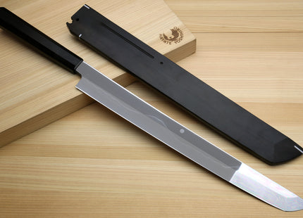 Yoshihiro Mizu Honyaki White Steel #1 Two Sided Mirror-Finished Mt. Fuji Namiukashi Sakimaru Takobiki Premium Ebony Handle with Ebony Cover 13" (330mm) - IKEDA Limited Edition