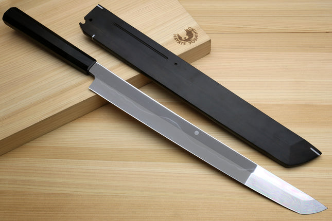 Yoshihiro Mizu Honyaki White Steel #1 Two Sided Mirror-Finished Mt. Fuji Namiukashi Sakimaru Takobiki Premium Ebony Handle with Ebony Cover 13" (330mm) - IKEDA Limited Edition