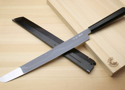 Yoshihiro Mizu Honyaki White Steel #1 Two Sided Mirror-Finished Mt. Fuji Namiukashi Sakimaru Takobiki Premium Ebony Handle with Ebony Cover 13" (330mm) - IKEDA Limited Edition