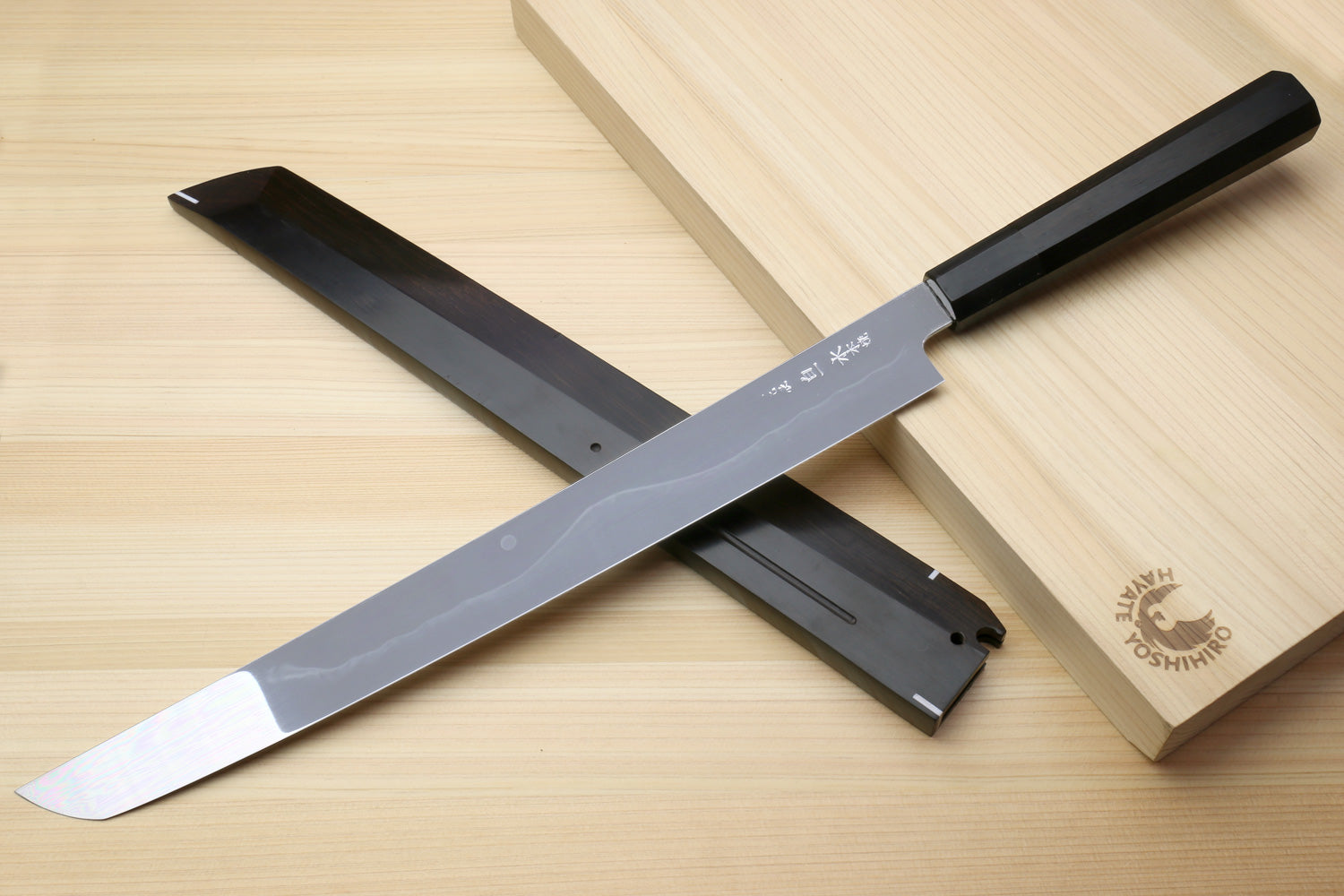 Yoshihiro Mizu Honyaki White Steel #1 Two Sided Mirror-Finished Mt. Fuji Namiukashi Sakimaru Takobiki Premium Ebony Handle with Ebony Cover 13" (330mm) - IKEDA Limited Edition