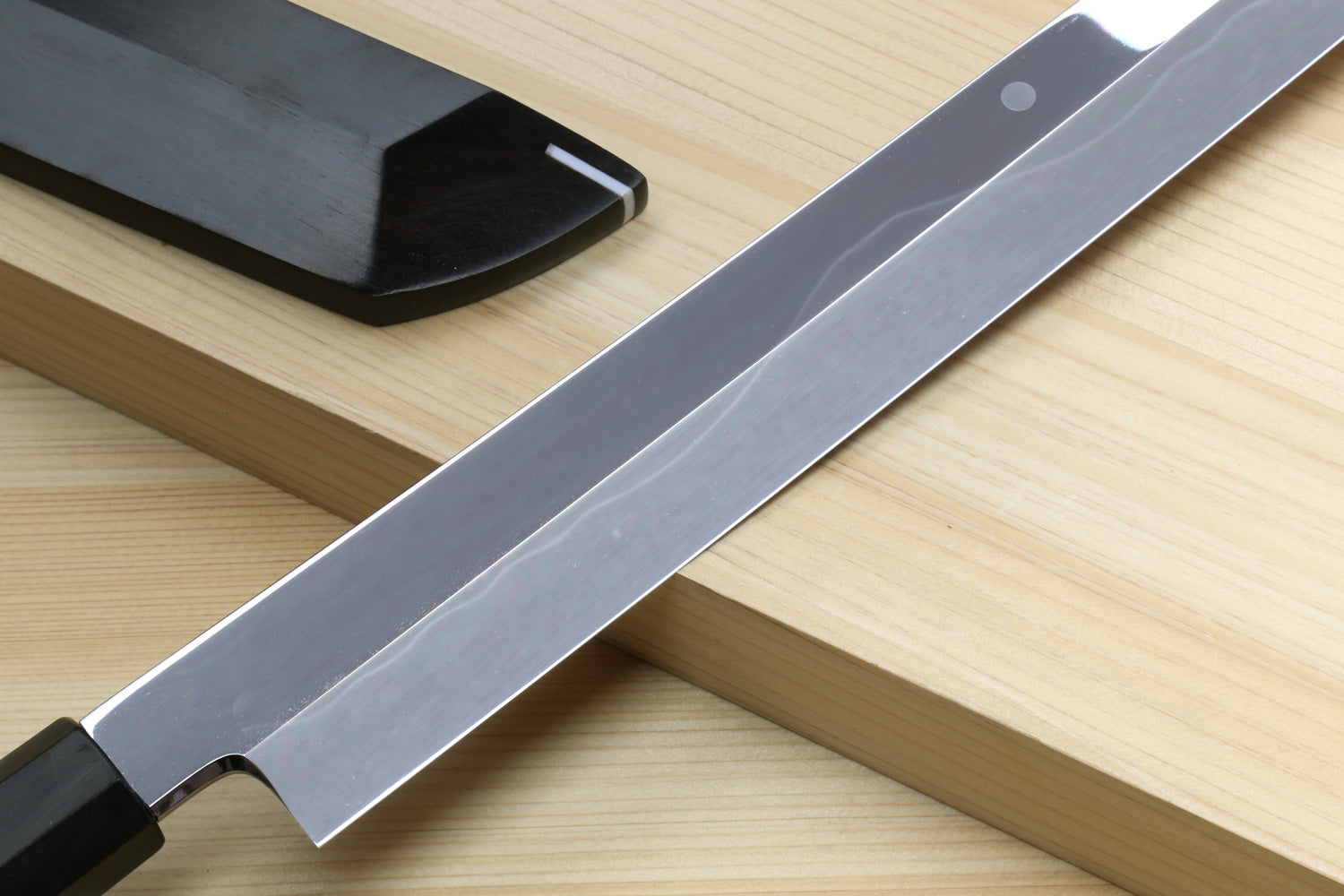 Yoshihiro Mizu Honyaki White Steel #1 Two Sided Mirror-Finished Mt. Fuji Namiukashi Sakimaru Takobiki Premium Ebony Handle with Ebony Cover 13" (330mm) - IKEDA Limited Edition
