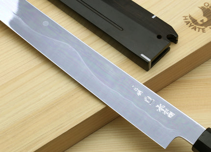 Yoshihiro Mizu Honyaki White Steel #1 Two Sided Mirror-Finished Mt. Fuji Namiukashi Sakimaru Takobiki Premium Ebony Handle with Ebony Cover 13" (330mm) - IKEDA Limited Edition