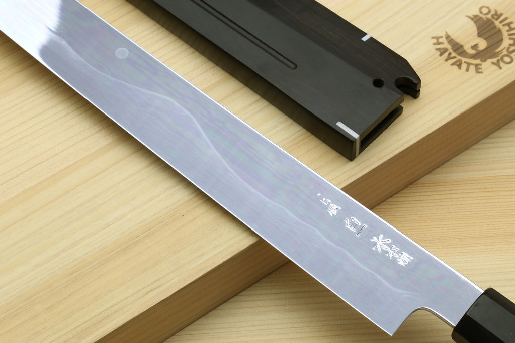 Yoshihiro Mizu Honyaki White Steel #1 Two Sided Mirror-Finished Mt. Fuji Namiukashi Sakimaru Takobiki Premium Ebony Handle with Ebony Cover 13" (330mm) - IKEDA Limited Edition