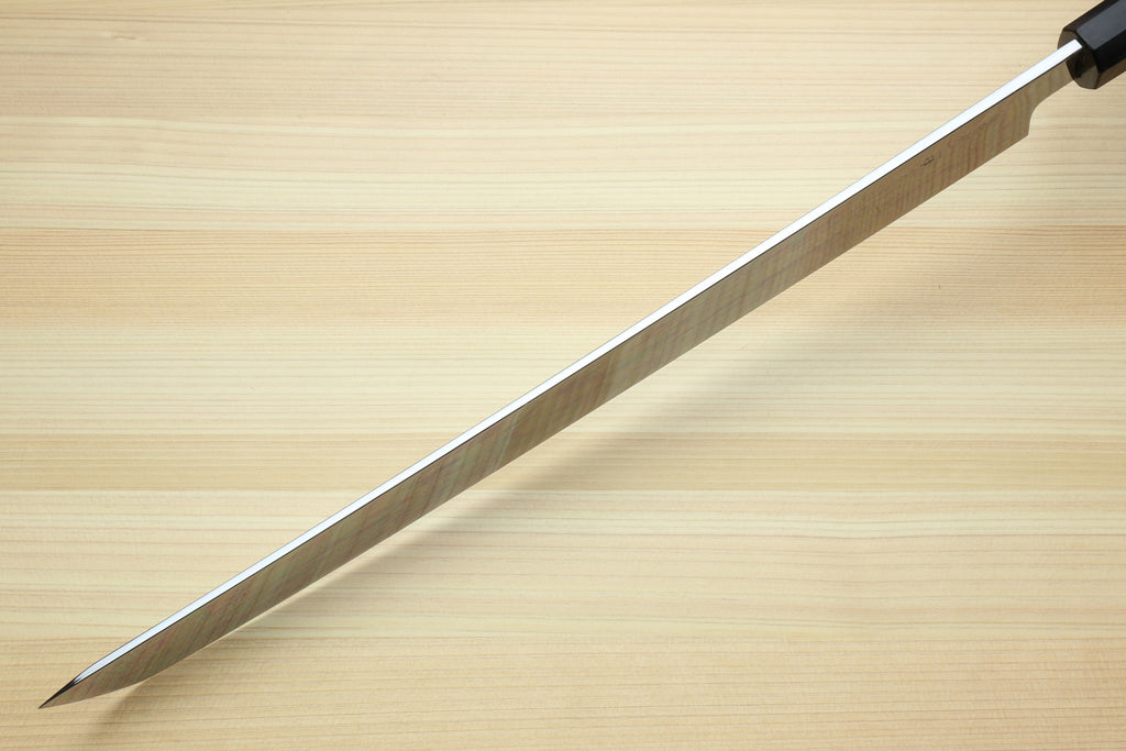 Yoshihiro Mizu Honyaki White Steel #1 Two Sided Mirror-Finished Mt. Fuji Namiukashi Sakimaru Takobiki Premium Ebony Handle with Ebony Cover 13" (330mm) - IKEDA Limited Edition