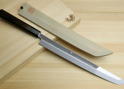 Yoshihiro Mizu Honyaki White Steel #1 Two Sided Mirror-Finished Mt. Fuji Namiukashi Sakimaru Takobiki Premium Ebony Handle - IKEDA Limited Edition (with Magnolia Saya)