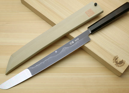 Yoshihiro Mizu Honyaki White Steel #1 Two Sided Mirror-Finished Mt. Fuji Namiukashi Sakimaru Takobiki Premium Ebony Handle - IKEDA Limited Edition (with Magnolia Saya)