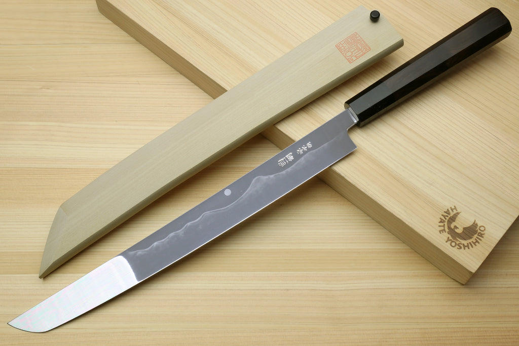 Yoshihiro Mizu Honyaki White Steel #1 Two Sided Mirror-Finished Mt. Fuji Namiukashi Sakimaru Takobiki Premium Ebony Handle - IKEDA Limited Edition (with Magnolia Saya)