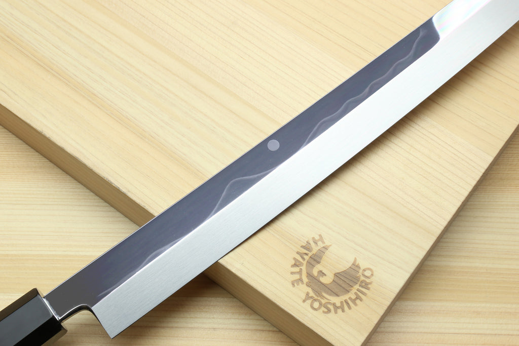 Yoshihiro Mizu Honyaki White Steel #1 Two Sided Mirror-Finished Mt. Fuji Namiukashi Sakimaru Takobiki Premium Ebony Handle - IKEDA Limited Edition (with Magnolia Saya)