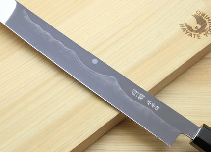 Yoshihiro Mizu Honyaki White Steel #1 Two Sided Mirror-Finished Mt. Fuji Namiukashi Sakimaru Takobiki Premium Ebony Handle - IKEDA Limited Edition (with Magnolia Saya)