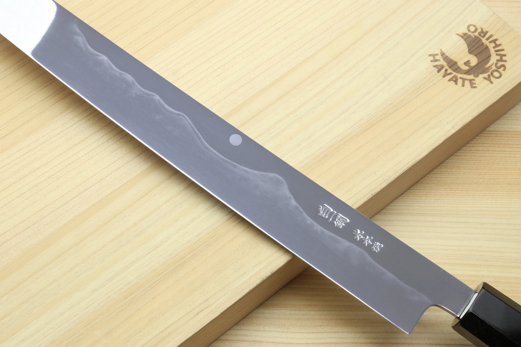 Yoshihiro Mizu Honyaki White Steel #1 Two Sided Mirror-Finished Mt. Fuji Namiukashi Sakimaru Takobiki Premium Ebony Handle - IKEDA Limited Edition (with Magnolia Saya)