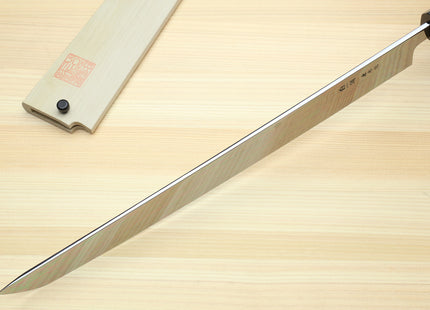 Yoshihiro Mizu Honyaki White Steel #1 Two Sided Mirror-Finished Mt. Fuji Namiukashi Sakimaru Takobiki Premium Ebony Handle - IKEDA Limited Edition (with Magnolia Saya)