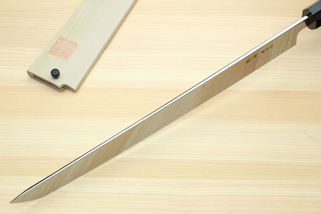 Yoshihiro Mizu Honyaki White Steel #1 Two Sided Mirror-Finished Mt. Fuji Namiukashi Sakimaru Takobiki Premium Ebony Handle - IKEDA Limited Edition (with Magnolia Saya)