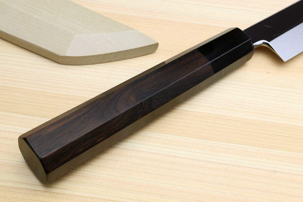 Yoshihiro Mizu Honyaki White Steel #1 Two Sided Mirror-Finished Mt. Fuji Namiukashi Sakimaru Takobiki Premium Ebony Handle - IKEDA Limited Edition (with Magnolia Saya)