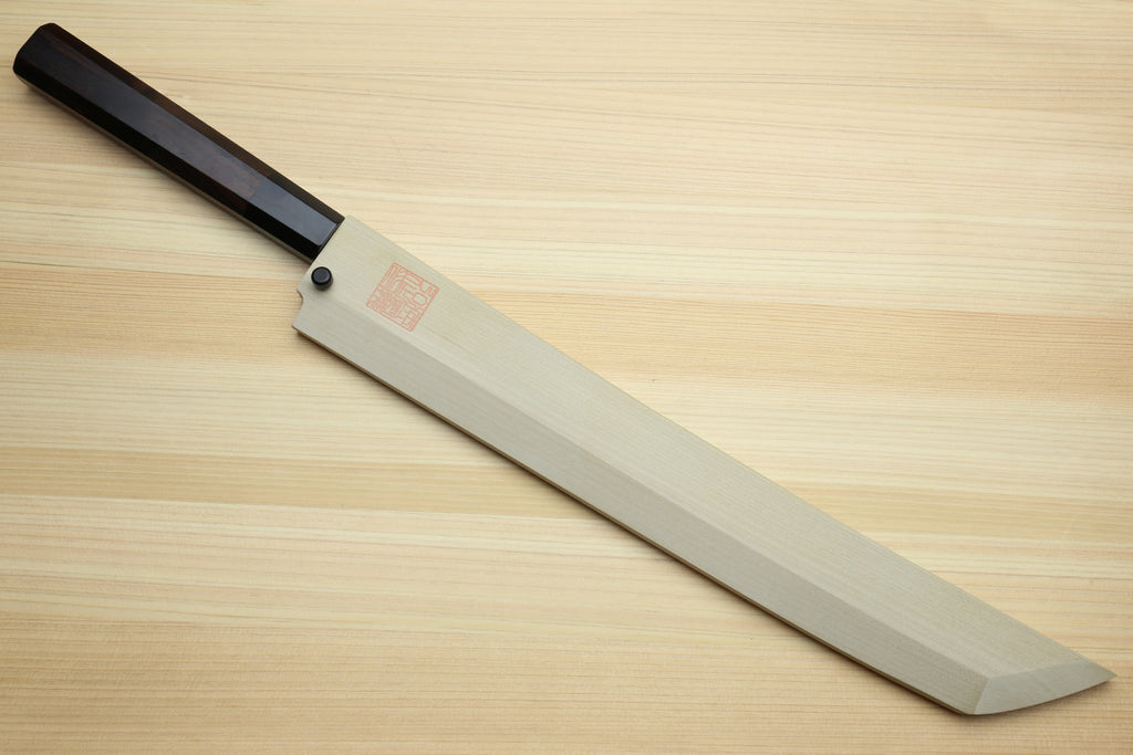 Yoshihiro Mizu Honyaki White Steel #1 Two Sided Mirror-Finished Mt. Fuji Namiukashi Sakimaru Takobiki Premium Ebony Handle - IKEDA Limited Edition (with Magnolia Saya)