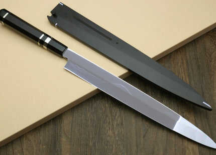 Yoshihiro Mizu Honyaki White Steel #1 Two Sided Mirror-Finished Mt. Fuji Namiukashi Yanagi Premium Triple Nickel Silver Ring Ebony Handle - IKEDA Limited Edition