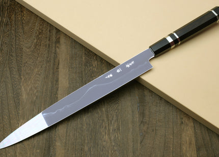 Yoshihiro Mizu Honyaki White Steel #1 Two Sided Mirror-Finished Mt. Fuji Namiukashi Yanagi Premium Triple Nickel Silver Ring Ebony Handle - IKEDA Limited Edition