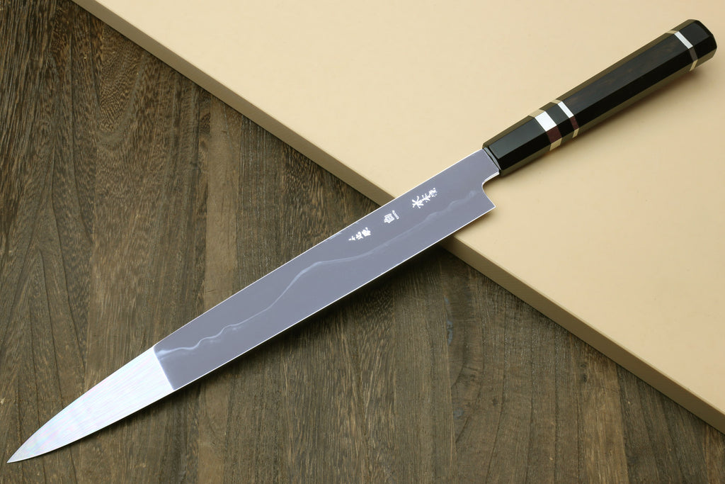 Yoshihiro Mizu Honyaki White Steel #1 Two Sided Mirror-Finished Mt. Fuji Namiukashi Yanagi Premium Triple Nickel Silver Ring Ebony Handle - IKEDA Limited Edition