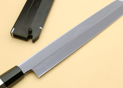 Yoshihiro Mizu Honyaki White Steel #1 Two Sided Mirror-Finished Mt. Fuji Namiukashi Yanagi Premium Triple Nickel Silver Ring Ebony Handle - IKEDA Limited Edition