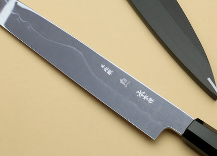 Yoshihiro Mizu Honyaki White Steel #1 Two Sided Mirror-Finished Mt. Fuji Namiukashi Yanagi Premium Triple Nickel Silver Ring Ebony Handle - IKEDA Limited Edition