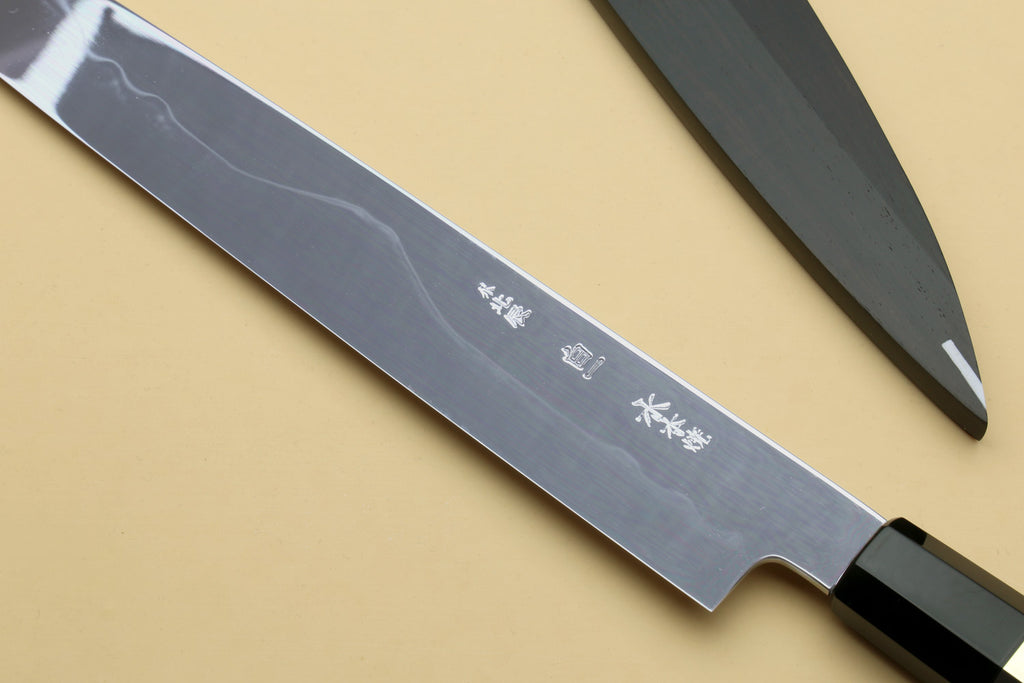 Yoshihiro Mizu Honyaki White Steel #1 Two Sided Mirror-Finished Mt. Fuji Namiukashi Yanagi Premium Triple Nickel Silver Ring Ebony Handle - IKEDA Limited Edition