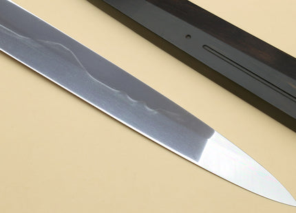 Yoshihiro Mizu Honyaki White Steel #1 Two Sided Mirror-Finished Mt. Fuji Namiukashi Yanagi Premium Triple Nickel Silver Ring Ebony Handle - IKEDA Limited Edition