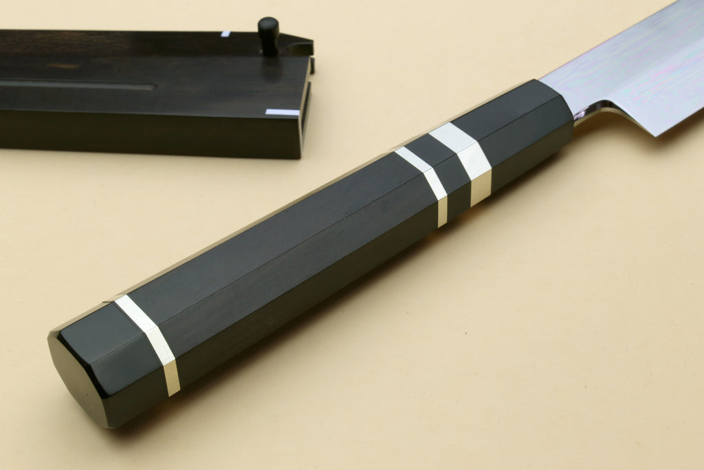 Yoshihiro Mizu Honyaki White Steel #1 Two Sided Mirror-Finished Mt. Fuji Namiukashi Yanagi Premium Triple Nickel Silver Ring Ebony Handle - IKEDA Limited Edition