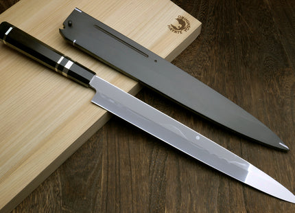 Yoshihiro Ikeda Honyaki White Steel Two Sided Mirror-Finished Mt. Fuji with Full Moon (*Crescent Moon on back) 330mm Yanagi Premium Triple Nickel Silver Ring Ebony Handle - IKEDA Limited Edition