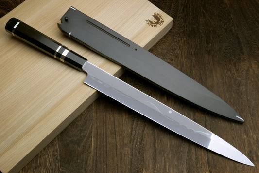 Yoshihiro Ikeda Honyaki White Steel Two Sided Mirror-Finished Mt. Fuji with Full Moon (*Crescent Moon on back) 330mm Yanagi Premium Triple Nickel Silver Ring Ebony Handle - IKEDA Limited Edition