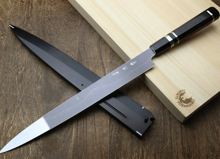 Yoshihiro Ikeda Honyaki White Steel Two Sided Mirror-Finished Mt. Fuji with Full Moon (*Crescent Moon on back) 330mm Yanagi Premium Triple Nickel Silver Ring Ebony Handle - IKEDA Limited Edition