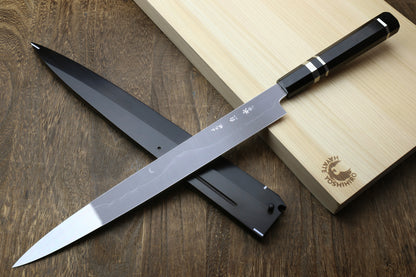 Yoshihiro Ikeda Honyaki White Steel Two Sided Mirror-Finished Mt. Fuji with Full Moon (*Crescent Moon on back) 330mm Yanagi Premium Triple Nickel Silver Ring Ebony Handle - IKEDA Limited Edition