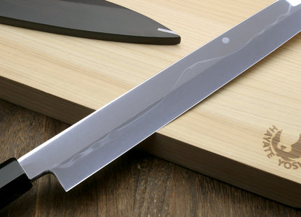 Yoshihiro Ikeda Honyaki White Steel Two Sided Mirror-Finished Mt. Fuji with Full Moon (*Crescent Moon on back) 330mm Yanagi Premium Triple Nickel Silver Ring Ebony Handle - IKEDA Limited Edition