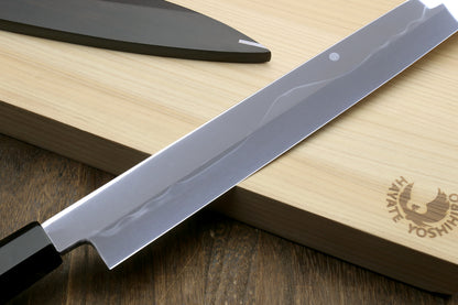 Yoshihiro Ikeda Honyaki White Steel Two Sided Mirror-Finished Mt. Fuji with Full Moon (*Crescent Moon on back) 330mm Yanagi Premium Triple Nickel Silver Ring Ebony Handle - IKEDA Limited Edition