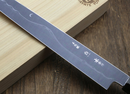 Yoshihiro Ikeda Honyaki White Steel Two Sided Mirror-Finished Mt. Fuji with Full Moon (*Crescent Moon on back) 330mm Yanagi Premium Triple Nickel Silver Ring Ebony Handle - IKEDA Limited Edition