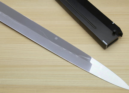 Yoshihiro Ikeda Honyaki White Steel Two Sided Mirror-Finished Mt. Fuji with Full Moon (*Crescent Moon on back) 330mm Yanagi Premium Triple Nickel Silver Ring Ebony Handle - IKEDA Limited Edition