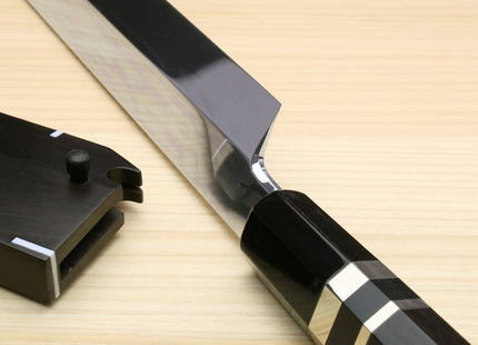 Yoshihiro Ikeda Honyaki White Steel Two Sided Mirror-Finished Mt. Fuji with Full Moon (*Crescent Moon on back) 330mm Yanagi Premium Triple Nickel Silver Ring Ebony Handle - IKEDA Limited Edition