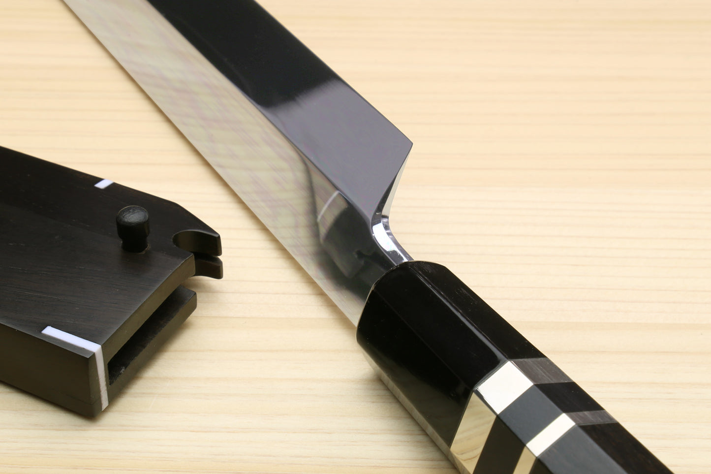 Yoshihiro Ikeda Honyaki White Steel Two Sided Mirror-Finished Mt. Fuji with Full Moon (*Crescent Moon on back) 330mm Yanagi Premium Triple Nickel Silver Ring Ebony Handle - IKEDA Limited Edition