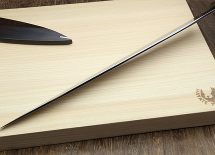 Yoshihiro Ikeda Honyaki White Steel Two Sided Mirror-Finished Mt. Fuji with Full Moon (*Crescent Moon on back) 330mm Yanagi Premium Triple Nickel Silver Ring Ebony Handle - IKEDA Limited Edition