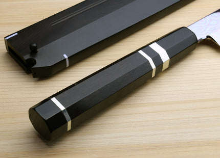 Yoshihiro Ikeda Honyaki White Steel Two Sided Mirror-Finished Mt. Fuji with Full Moon (*Crescent Moon on back) 330mm Yanagi Premium Triple Nickel Silver Ring Ebony Handle - IKEDA Limited Edition