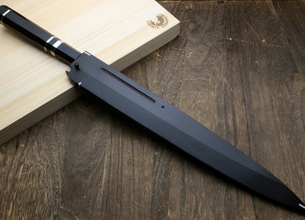 Yoshihiro Ikeda Honyaki White Steel Two Sided Mirror-Finished Mt. Fuji with Full Moon (*Crescent Moon on back) 330mm Yanagi Premium Triple Nickel Silver Ring Ebony Handle - IKEDA Limited Edition