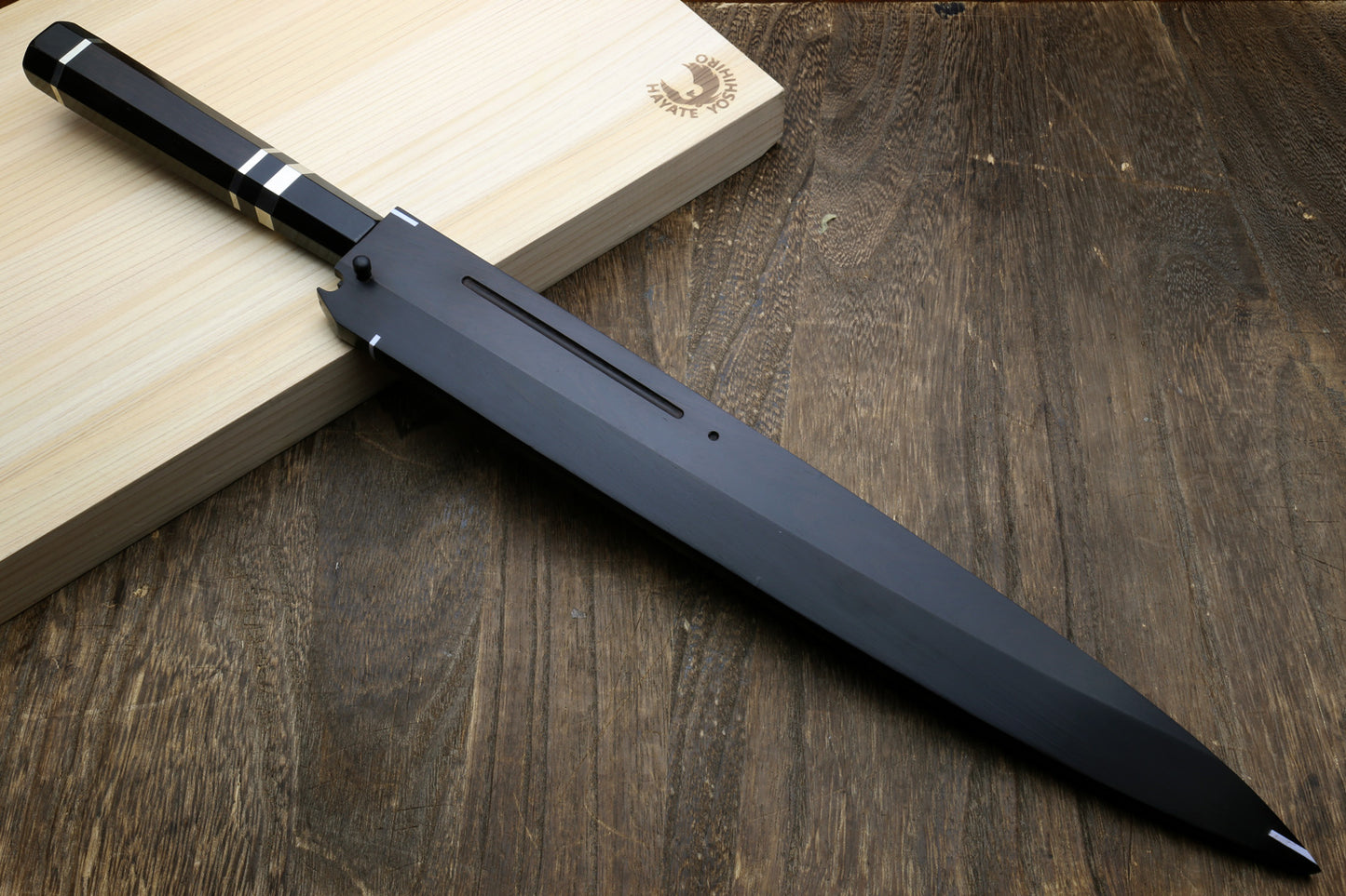 Yoshihiro Ikeda Honyaki White Steel Two Sided Mirror-Finished Mt. Fuji with Full Moon (*Crescent Moon on back) 330mm Yanagi Premium Triple Nickel Silver Ring Ebony Handle - IKEDA Limited Edition