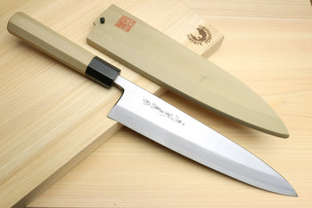 Japanese sushi and sashimi knife set, silver blade with black bolster and light wood handle