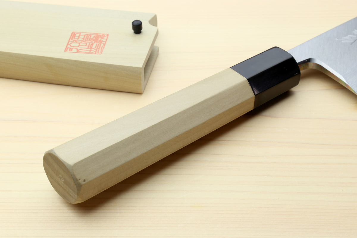 Japanese chef knife handle, light magnolia wood with black bolster and silver blade edge
