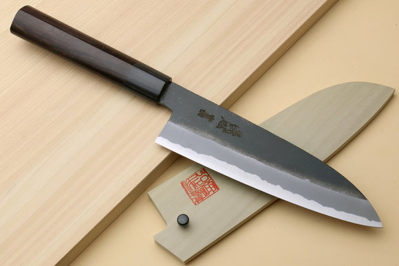 Yoshihiro Black Finish Blue Steel #2 Kurouchi Santoku Multipurpose Japanese Chef Knife (D-Shape Shitan Handle)
