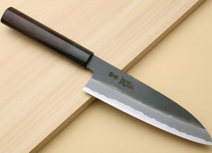 Yoshihiro Black Finish Blue Steel #2 Kurouchi Santoku and Petty Japanese Chef Knife with Saya Cover SET (D-Shape Shitan Handle)