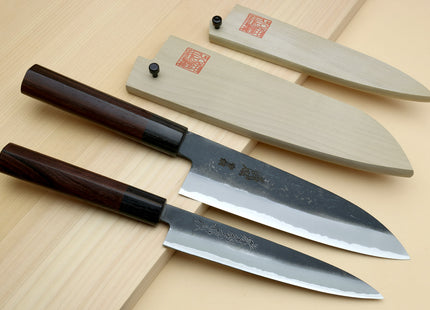 Yoshihiro Black Finish Blue Steel #2 Kurouchi Santoku and Petty Japanese Chef Knife with Saya Cover SET (D-Shape Shitan Handle)