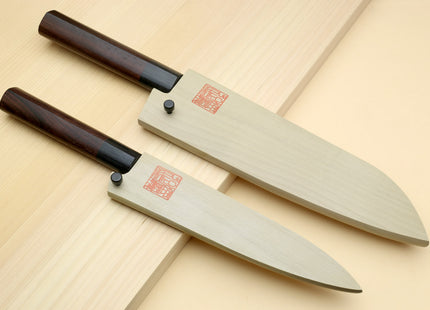 Yoshihiro Black Finish Blue Steel #2 Kurouchi Santoku and Petty Japanese Chef Knife with Saya Cover SET (D-Shape Shitan Handle)